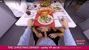 Deep throat under the table on Christmas in VR with mind-blowing light-haired