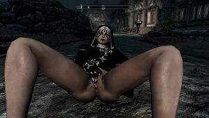 Skyrim : 2 nuns tugging with leather gloves in front of everyone